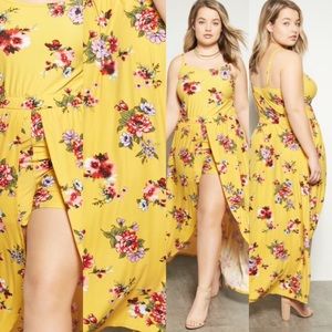 Plus Mustard Floral Print Sleeveless Maxi Romper